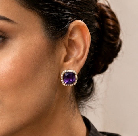 Midnight Amethyst Halo Stud Earrings