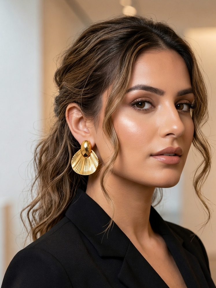 Elegant Textured Gold Fan Drop Earrings