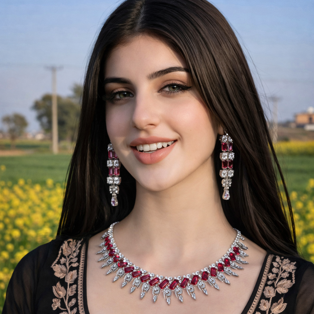 Ruby Radiance Diamond Fringe Necklace & Statement Drop Earrings Set