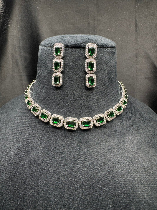 Beautiful american diamond necklace & earring set with rhodium plating