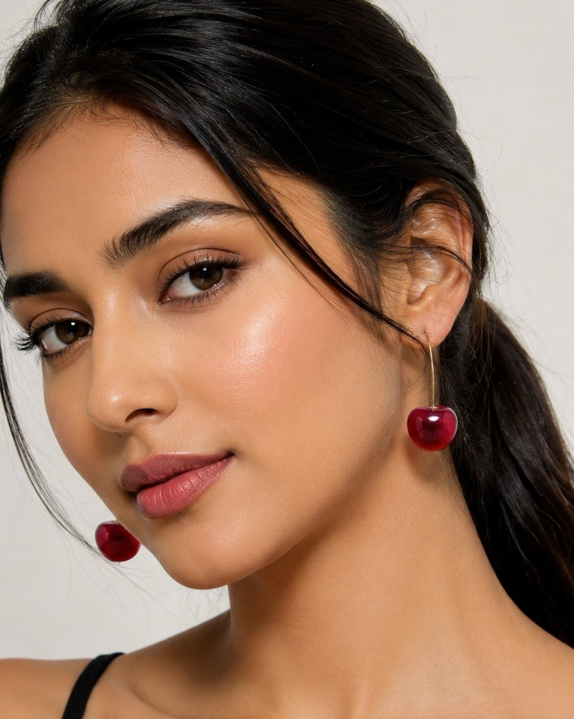 Cherry Drop Earrings – Glossy Red Gold-Tone Statement Earrings