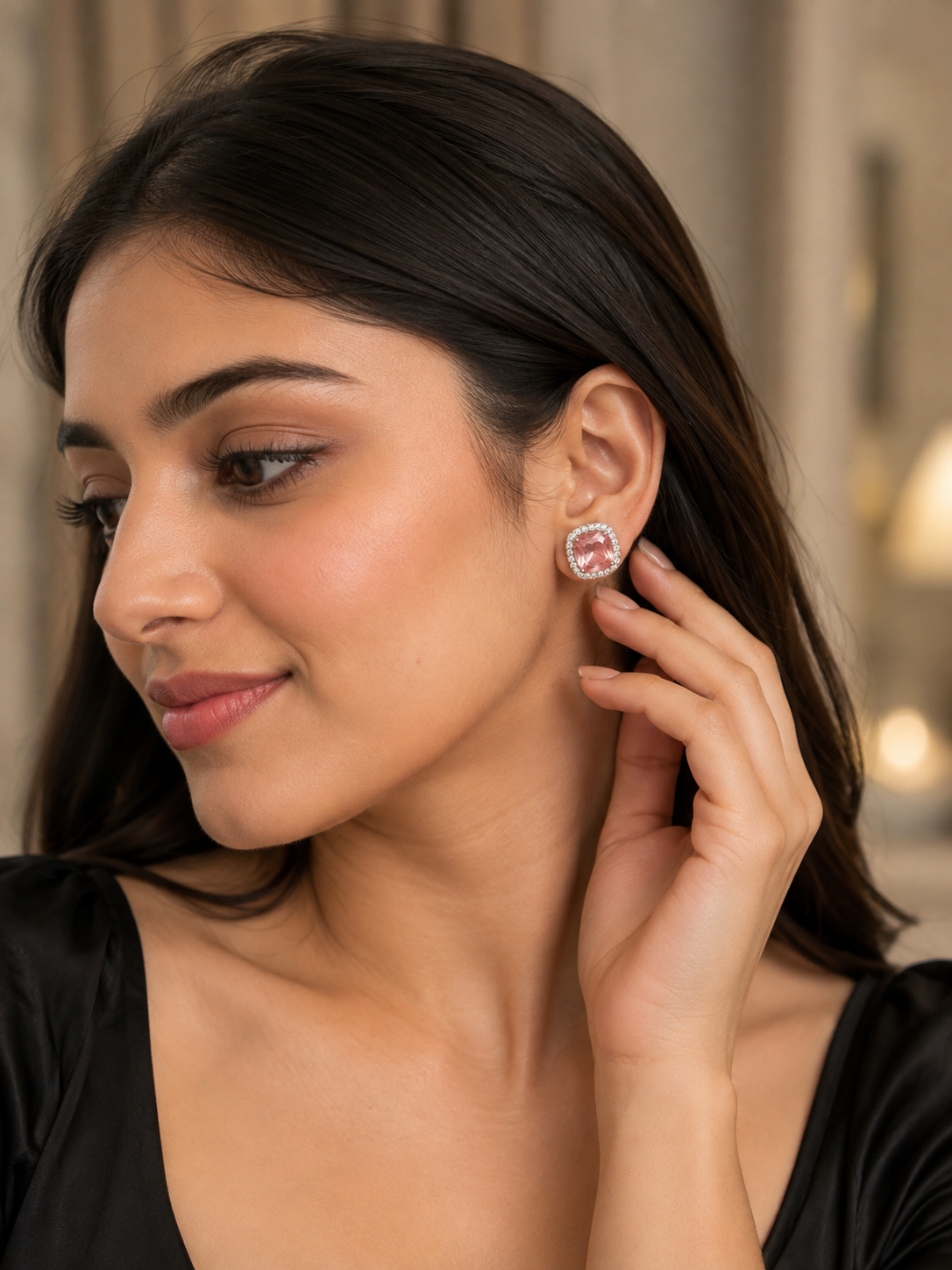 Baby pink Sparkle Cushion-Cut Stud Earrings ✨