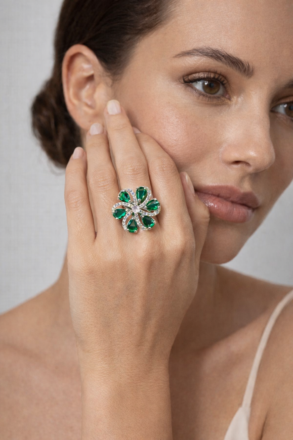 Emerald Bloom Floral Statement Ring – Silver Plated Green Stone Cocktail Ring