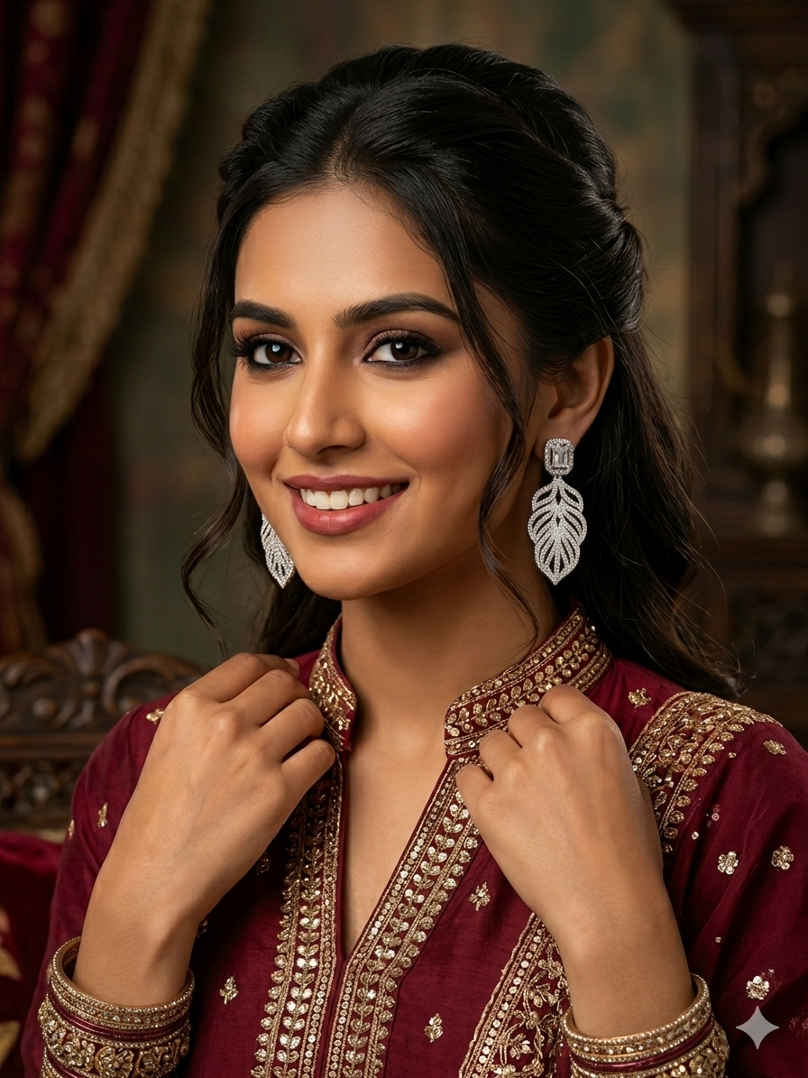 Elegant Diamond Leaf Drop Earrings