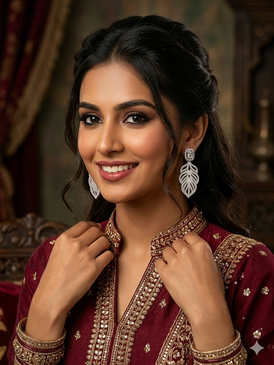 Elegant Diamond Leaf Drop Earrings