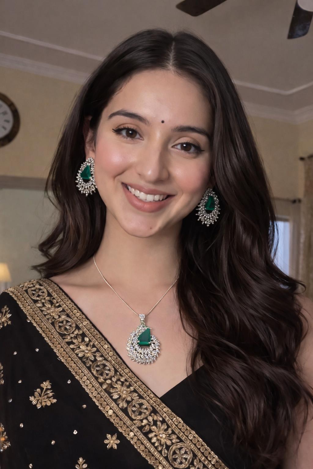 Emerald Halo Pendant Necklace & Statement Earrings Set