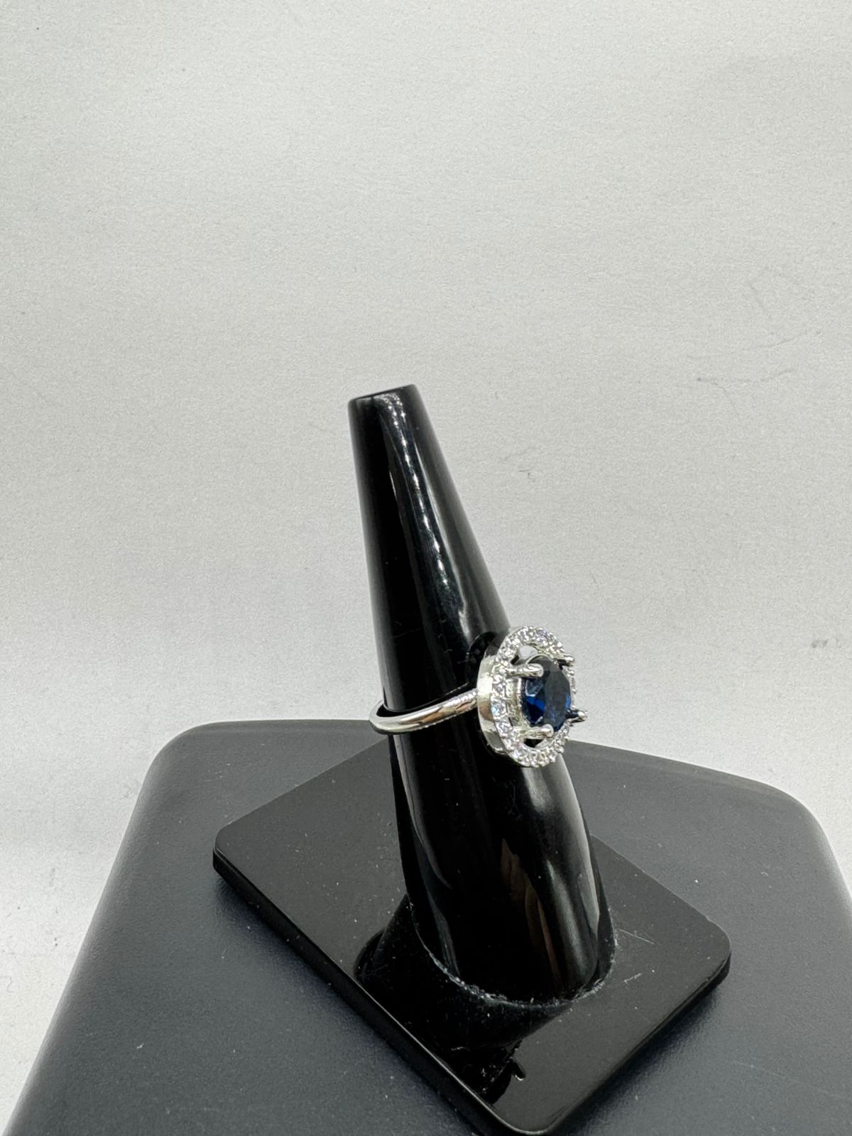 Royal Blue Sapphire Halo Ring – Elegant Silver Statement Ring for Women
