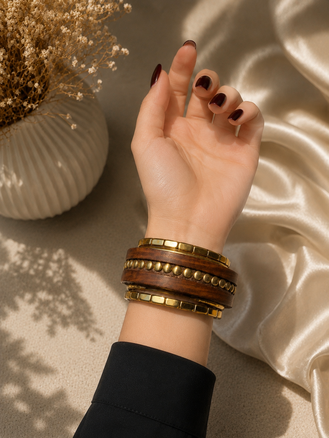 Elvion Artisan Wooden & Gold-Tone Kada Set | Boho Luxe Statement Stack Bracelet for Women