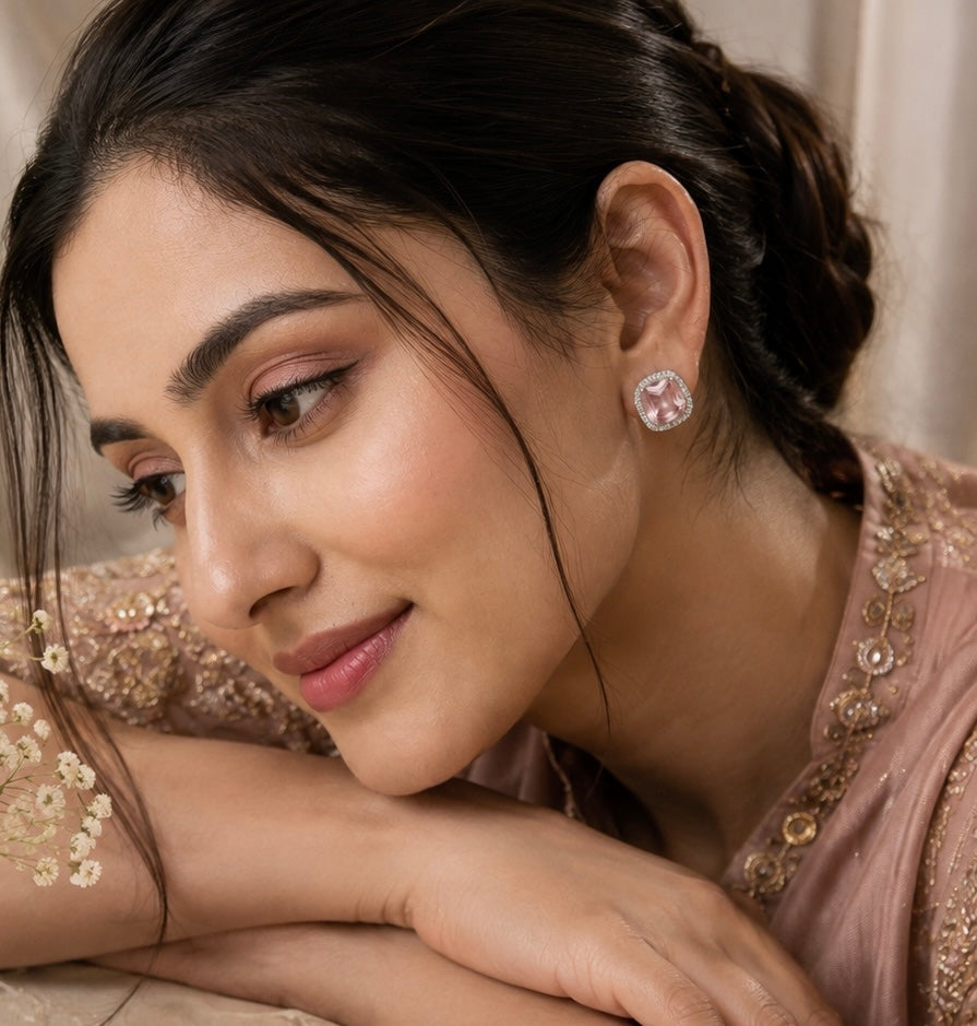 Baby pink Sparkle Cushion-Cut Stud Earrings ✨