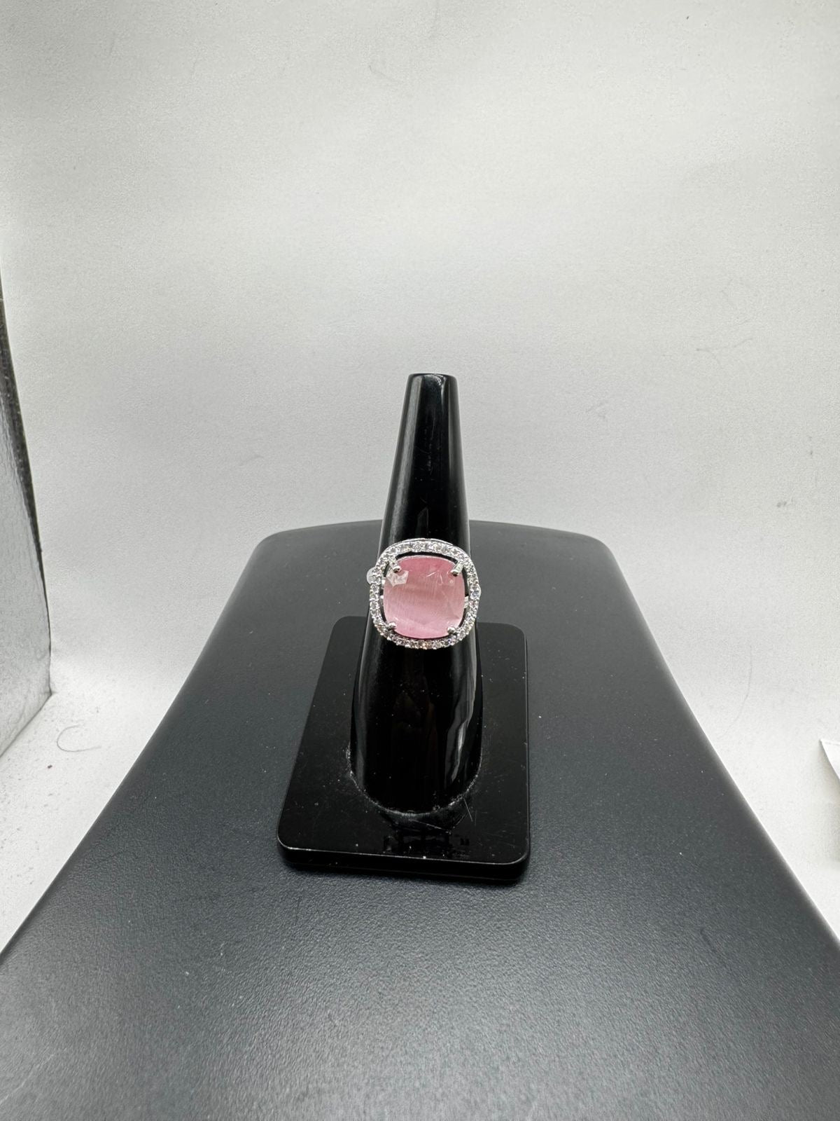 Blush Pink Cushion Cut Halo Ring – Silver Tone Statement Ring