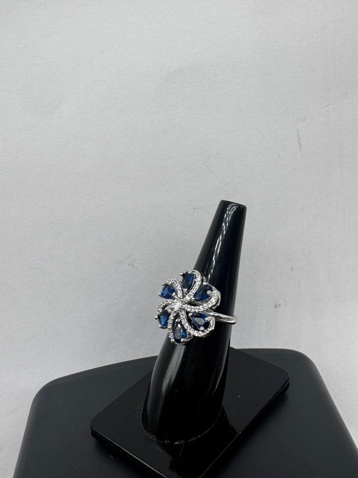 Blue Sapphire Floral Statement Ring – Silver Finish