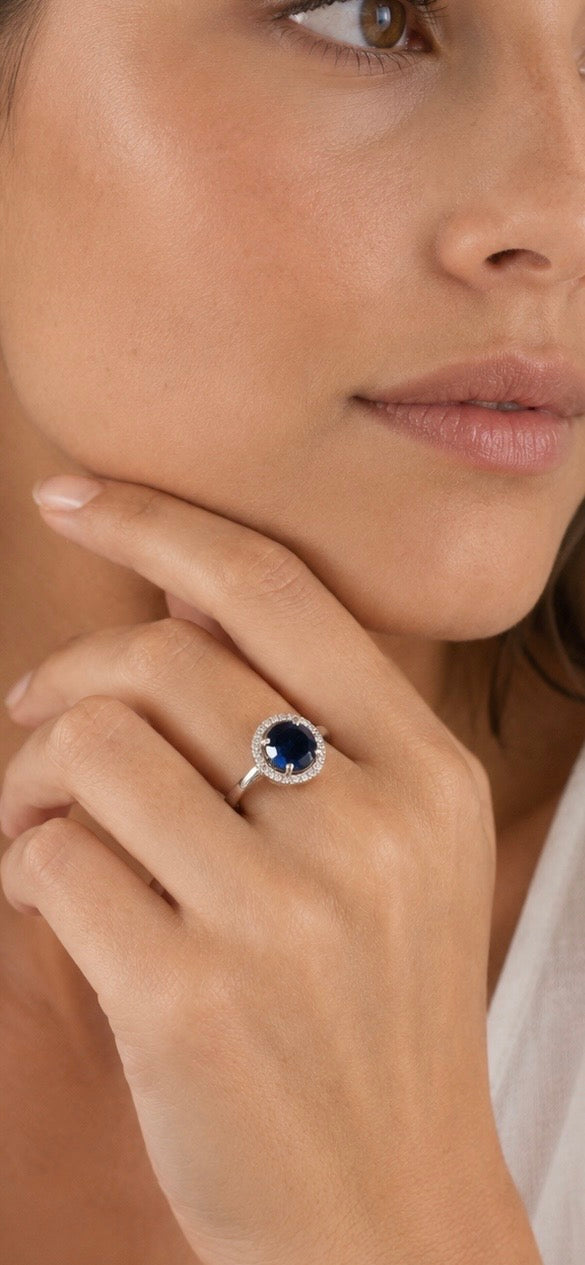 Royal Blue Sapphire Halo Ring – Elegant Silver Statement Ring for Women