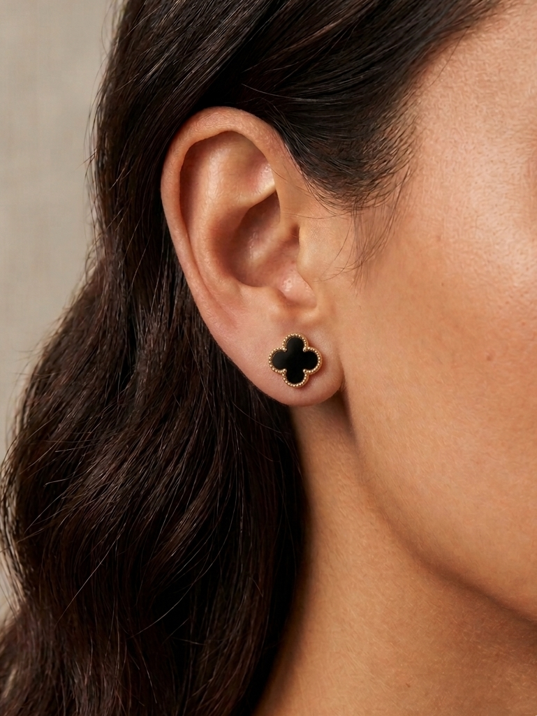 Elegant Black Clover Gold Stud Earrings