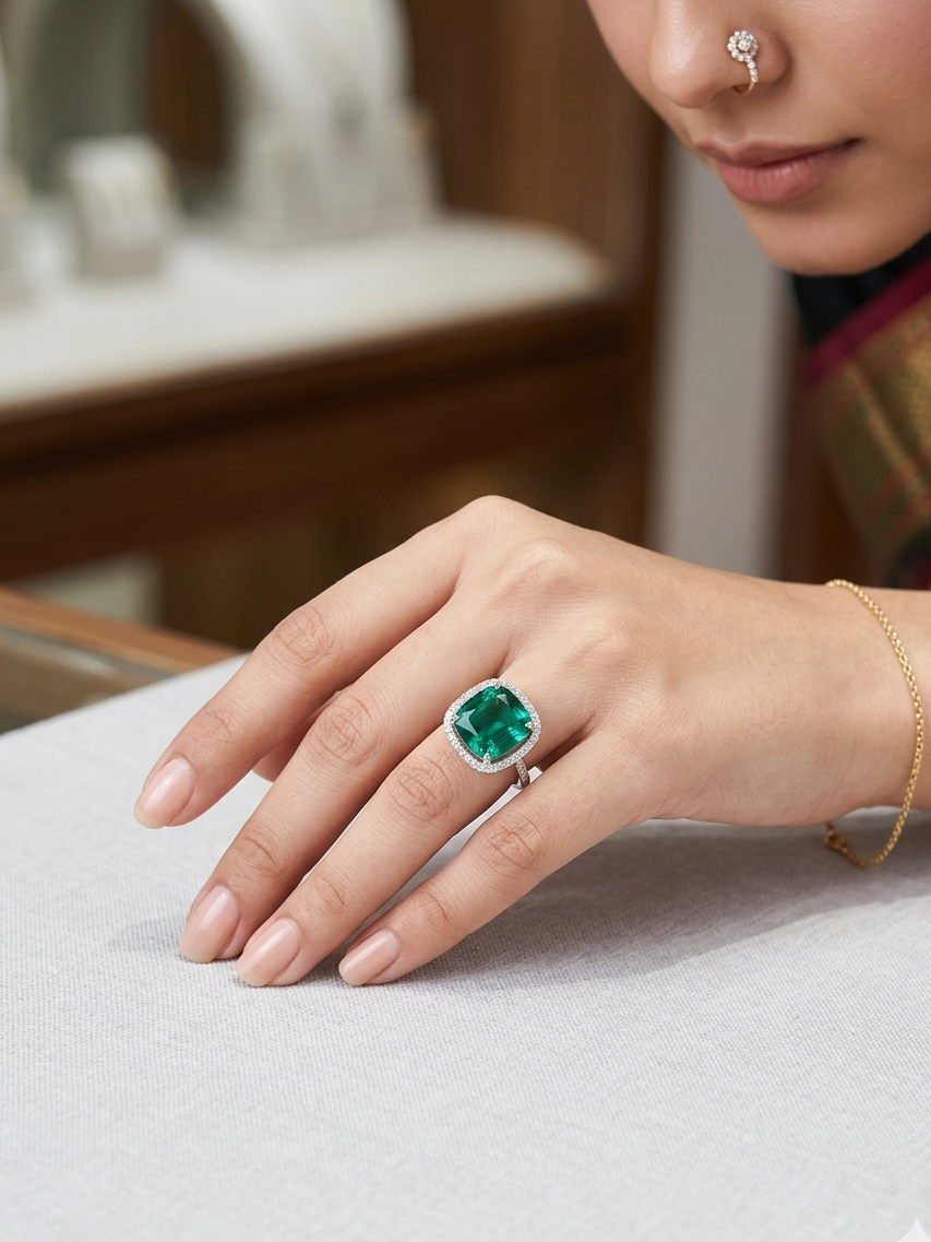 Royal Emerald Green Cushion Cut Statement Ring with Halo Design