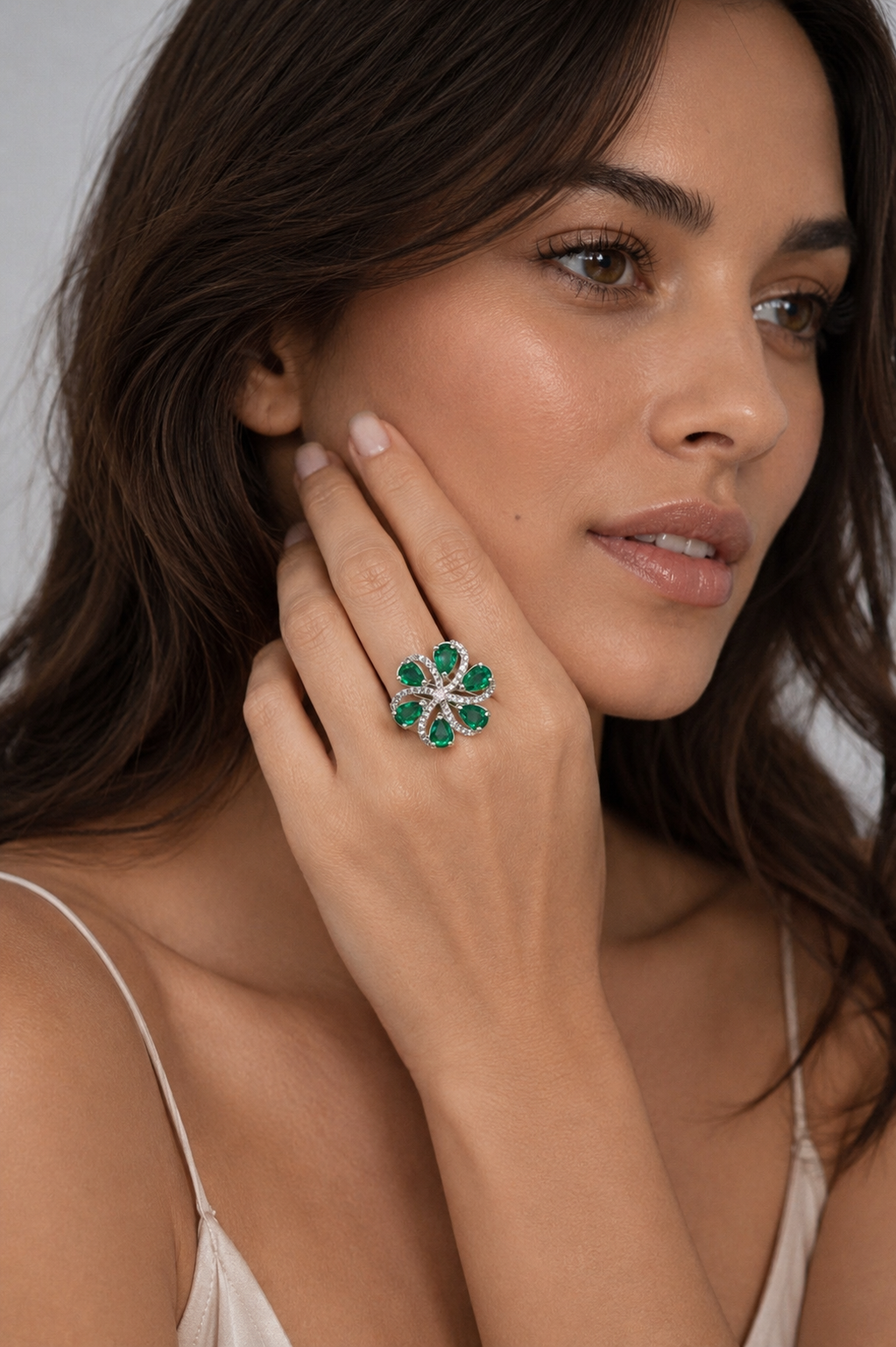 Emerald Bloom Floral Statement Ring – Silver Plated Green Stone Cocktail Ring