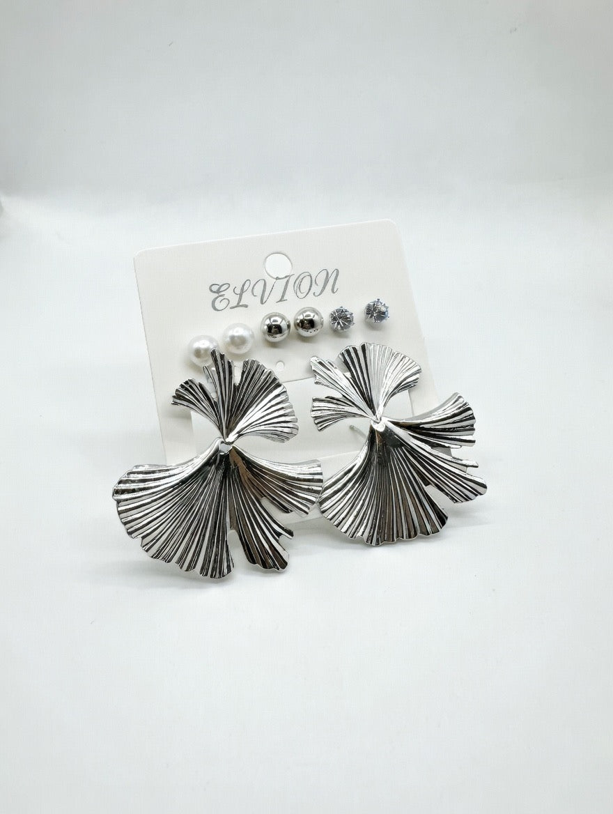 Silver Fan Leaf Statement Earrings Set – Elegant Bold Collection