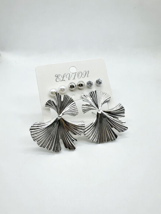 Silver Fan Leaf Statement Earrings Set – Elegant Bold Collection