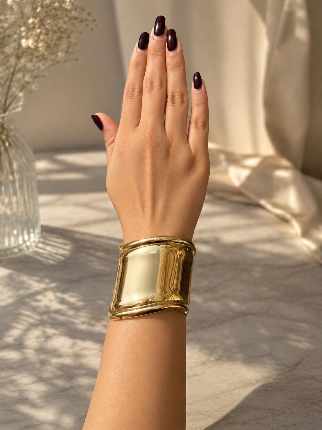 Golden Sculpted Statement Cuff Bracelet for Women | Mirror Finish | Luxury Fashion Jewelry