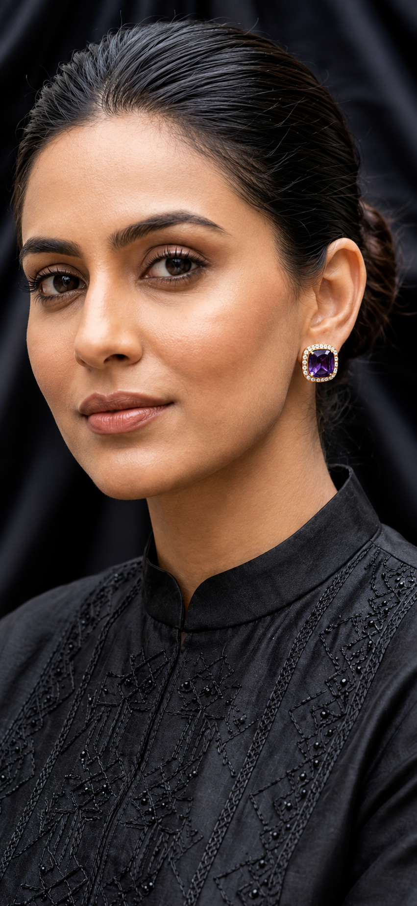 Midnight Amethyst Halo Stud Earrings