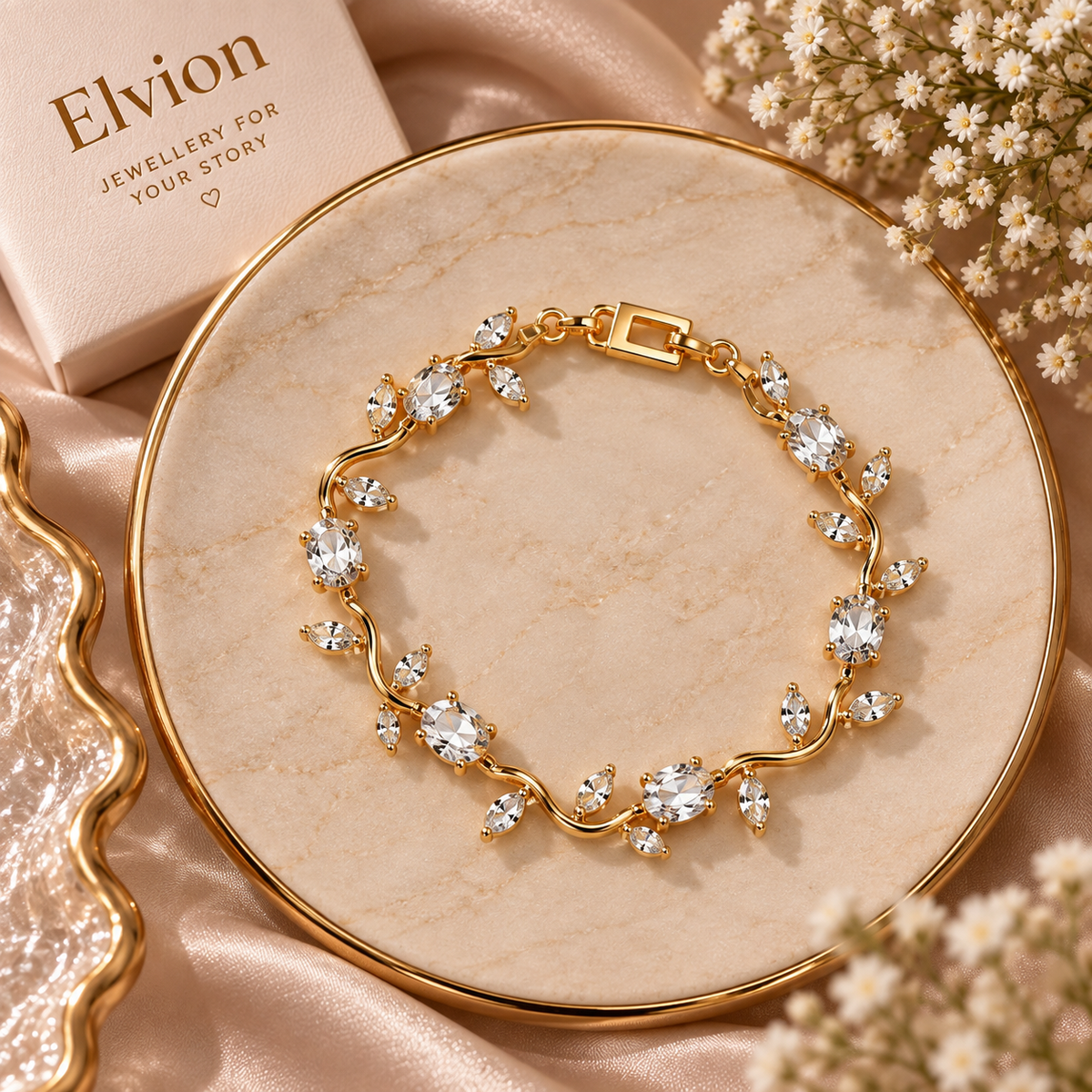 Elvion Clear Crystal Vine Bracelet | Gold-Tone Floral Leaf Bracelet for Women