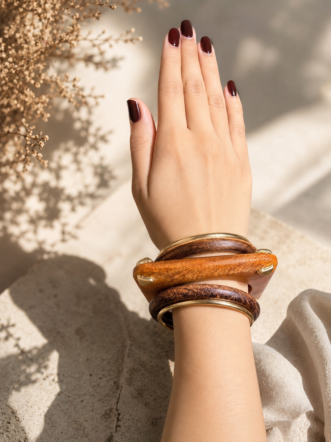 Boho Luxe Wooden & Gold Bangle Stack for Women | Lightweight Statement Bracelet Set | Chic Everyday Fashion Accessory