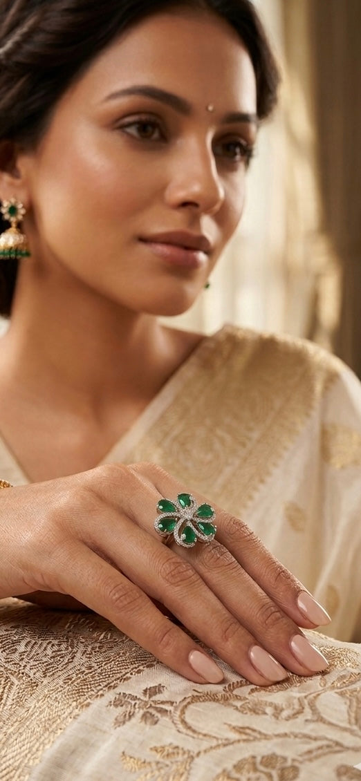 Emerald Bloom Floral Statement Ring – Silver Plated Green Stone Cocktail Ring