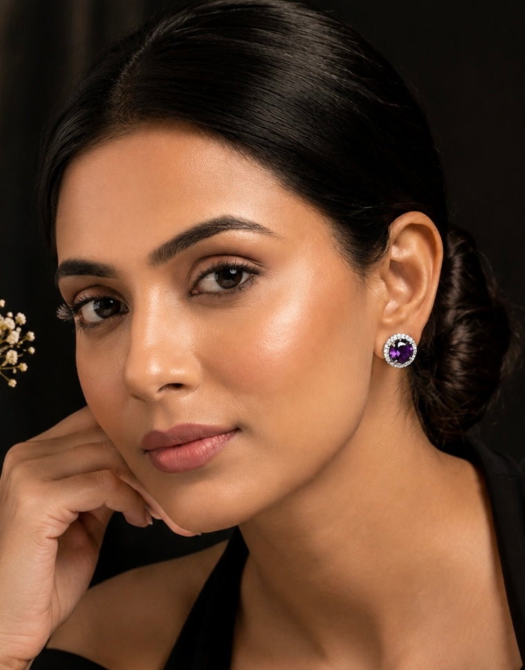 Royal Amethyst Halo Stud Earrings