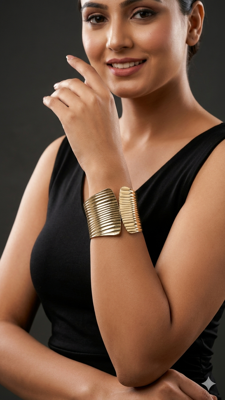 Gold Ribbed Statement Cuff Bracelet – Bold Textured Elegance