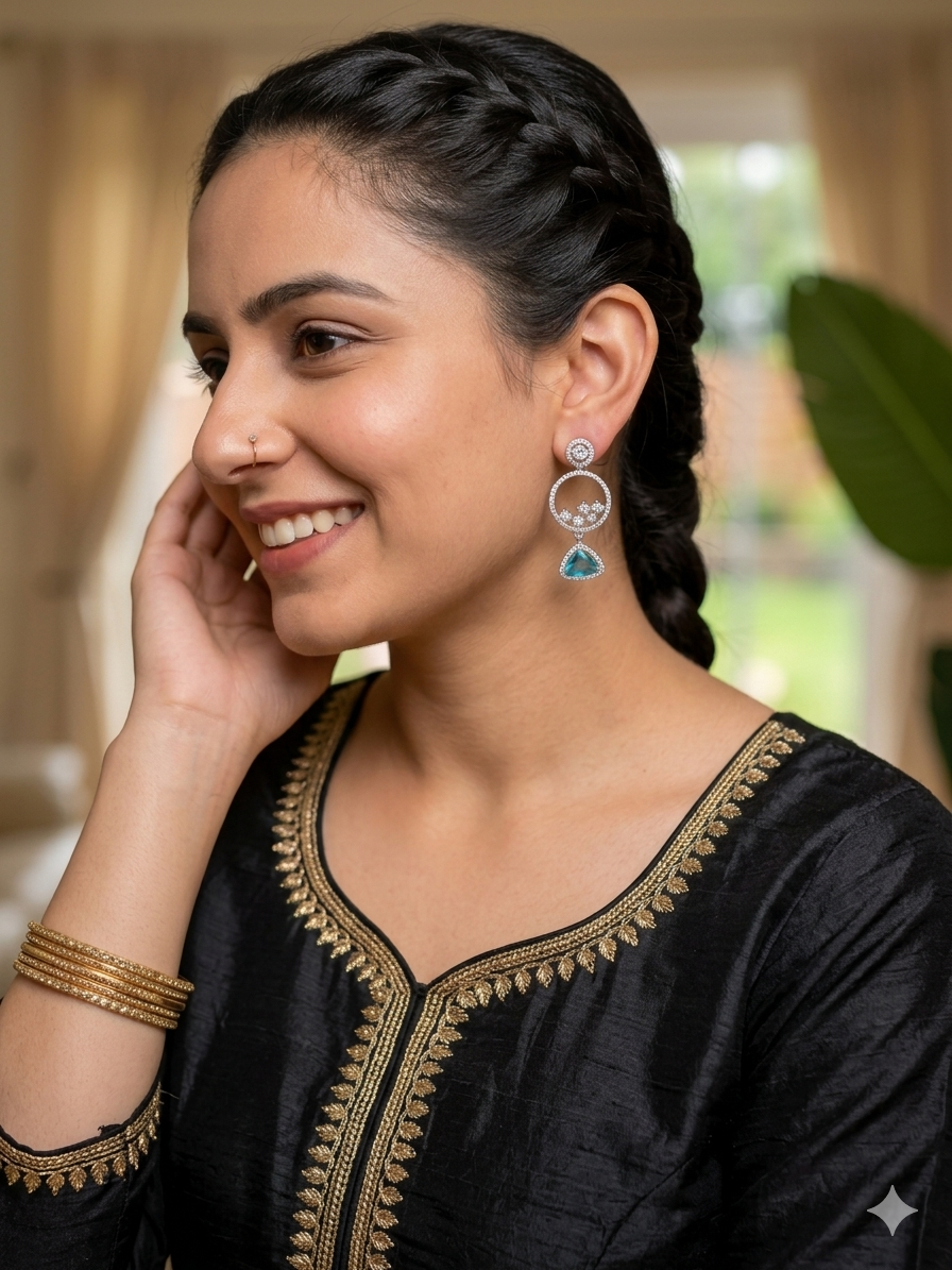 Aqua Circle Diamond Drop Earrings