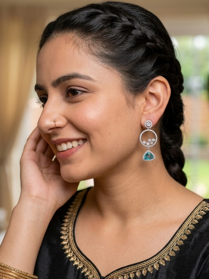 Aqua Circle Diamond Drop Earrings