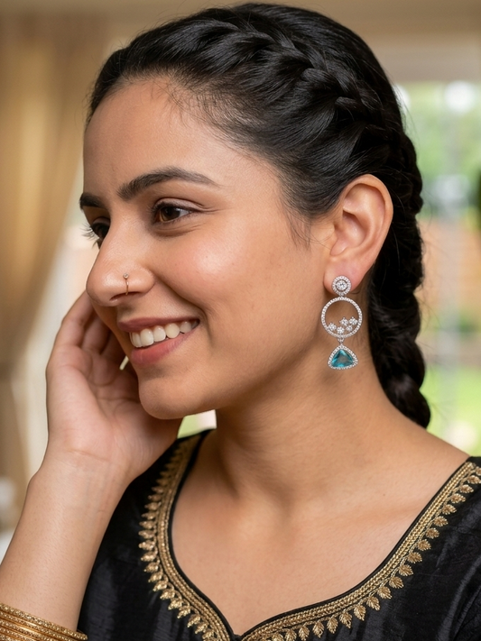 Aqua Circle Diamond Drop Earrings