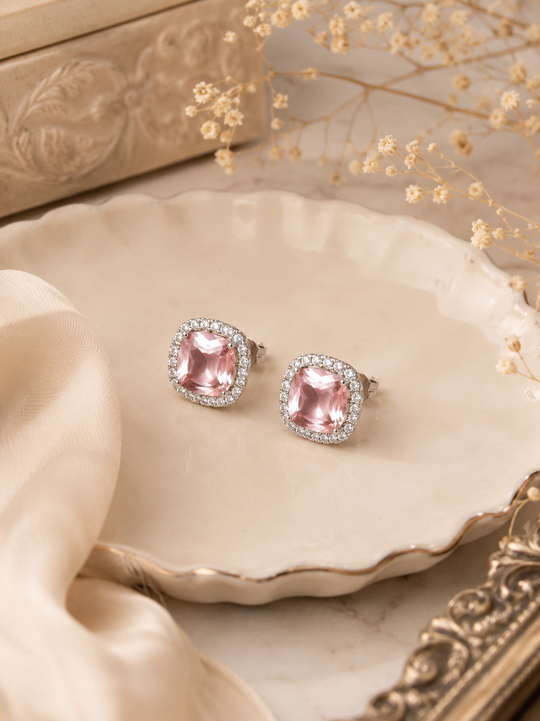 Baby pink Sparkle Cushion-Cut Stud Earrings ✨