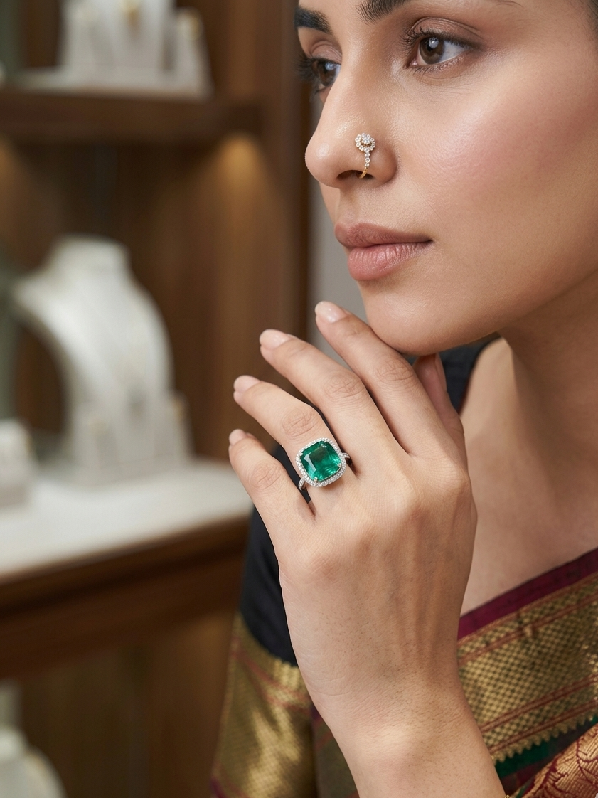Royal Emerald Green Cushion Cut Statement Ring with Halo Design