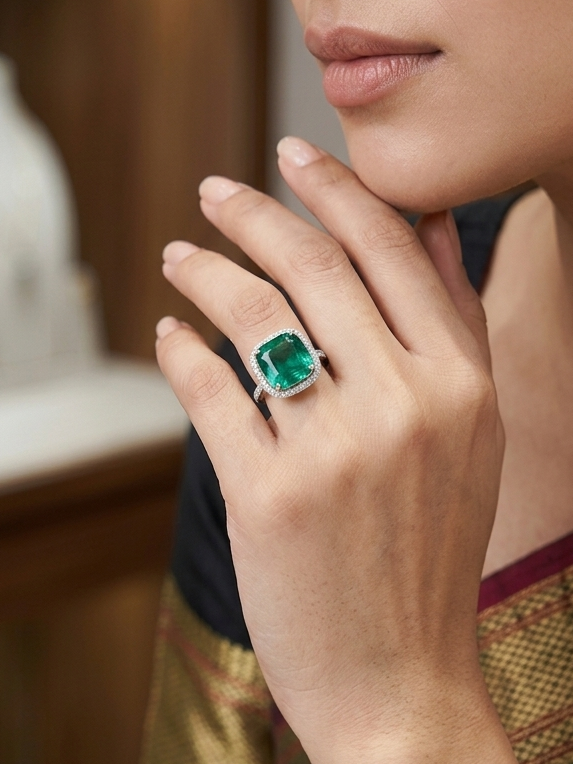 Royal Emerald Green Cushion Cut Statement Ring with Halo Design