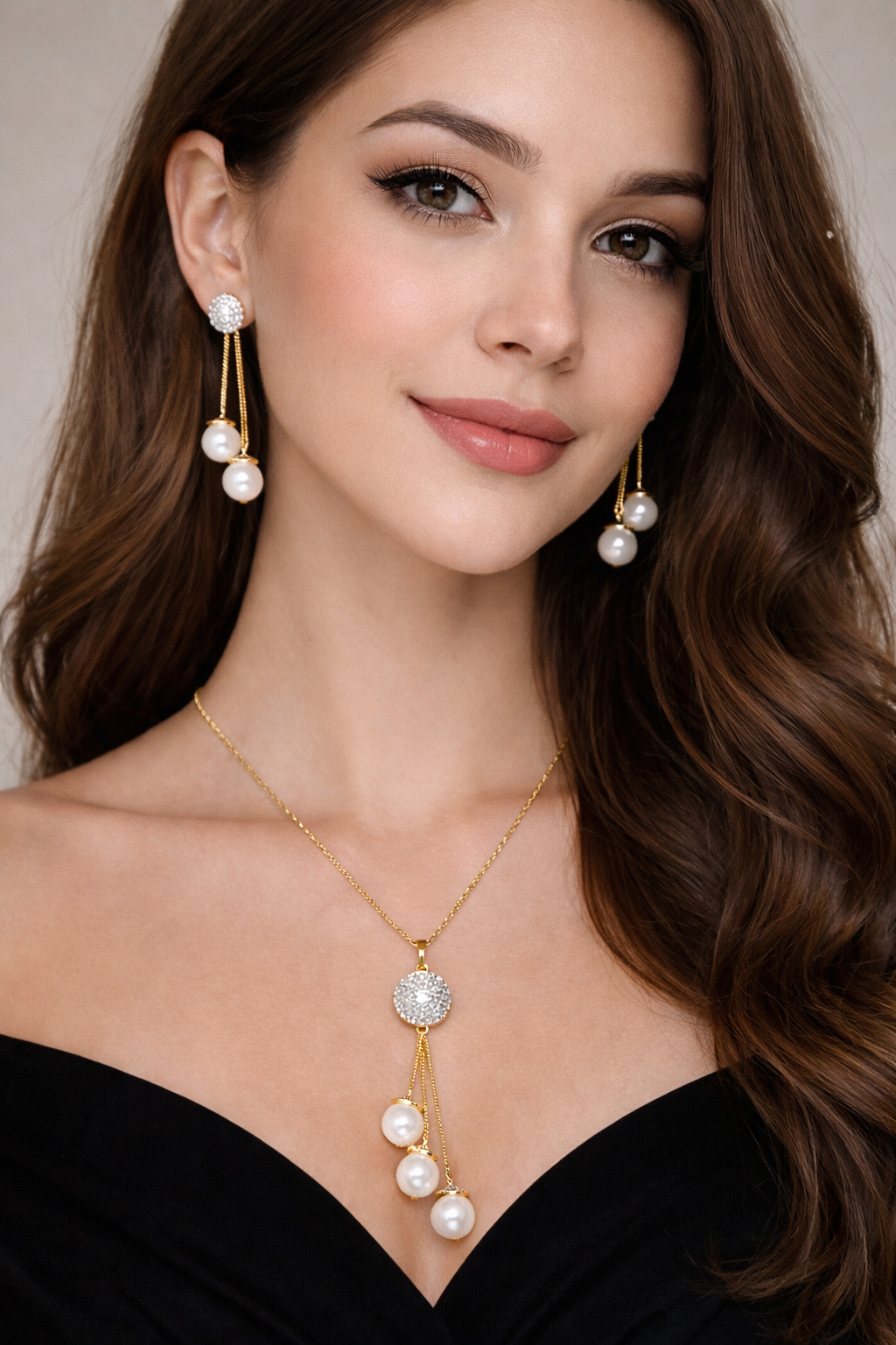 Gold Tone Pearl Drop Pendant Set – Elegant Long Necklace with Matching Earrings