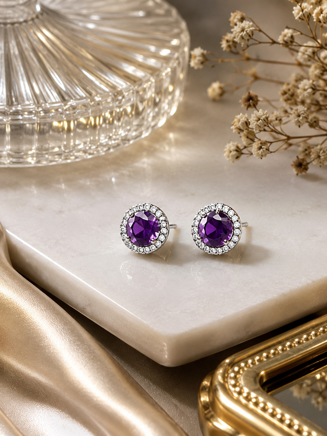 Royal Amethyst Halo Stud Earrings