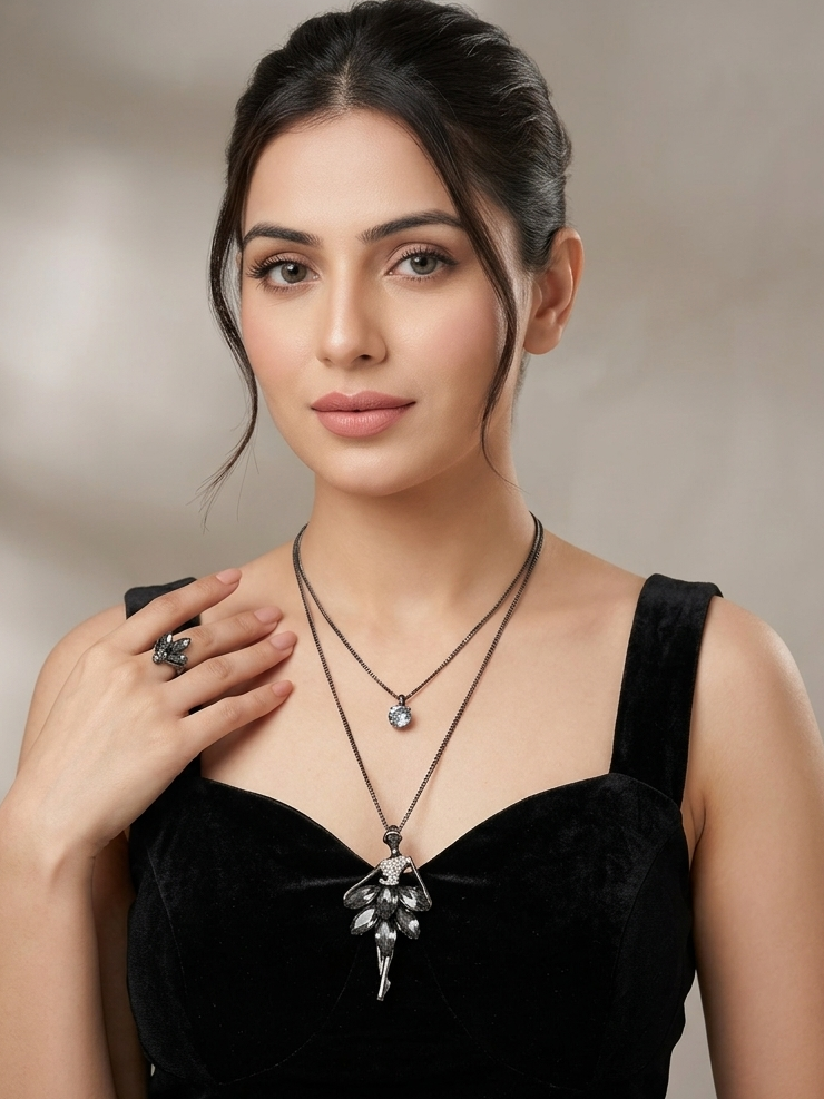 Black Crystal Statement Layered Necklace – Bold Elegant Design