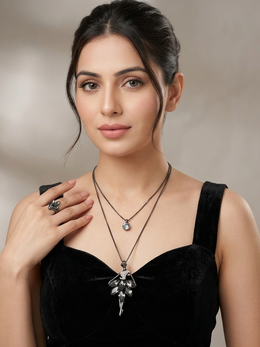 Black Crystal Statement Layered Necklace – Bold Elegant Design