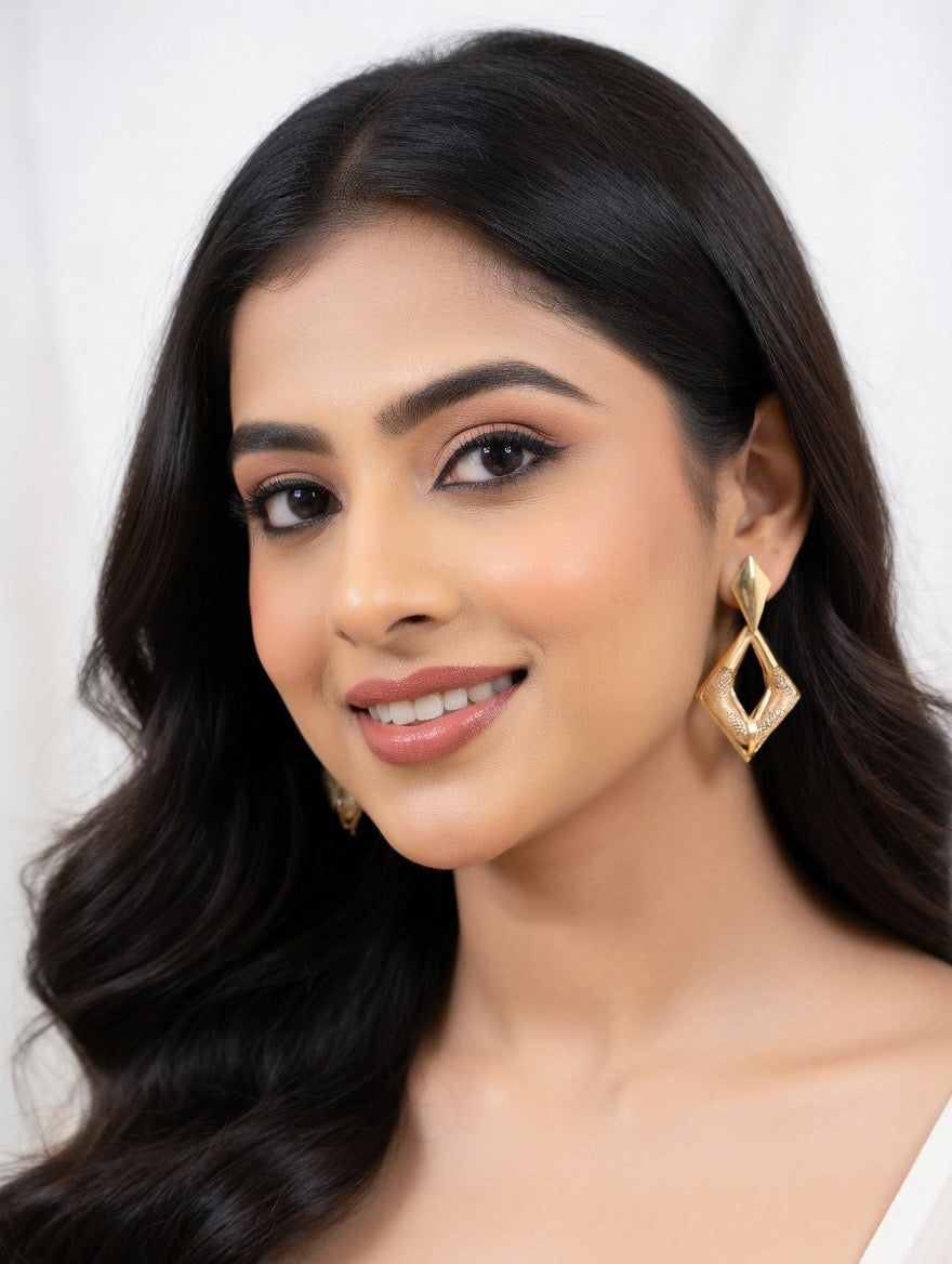 Golden Diamond Drop Earrings – Geometric Statement Elegance