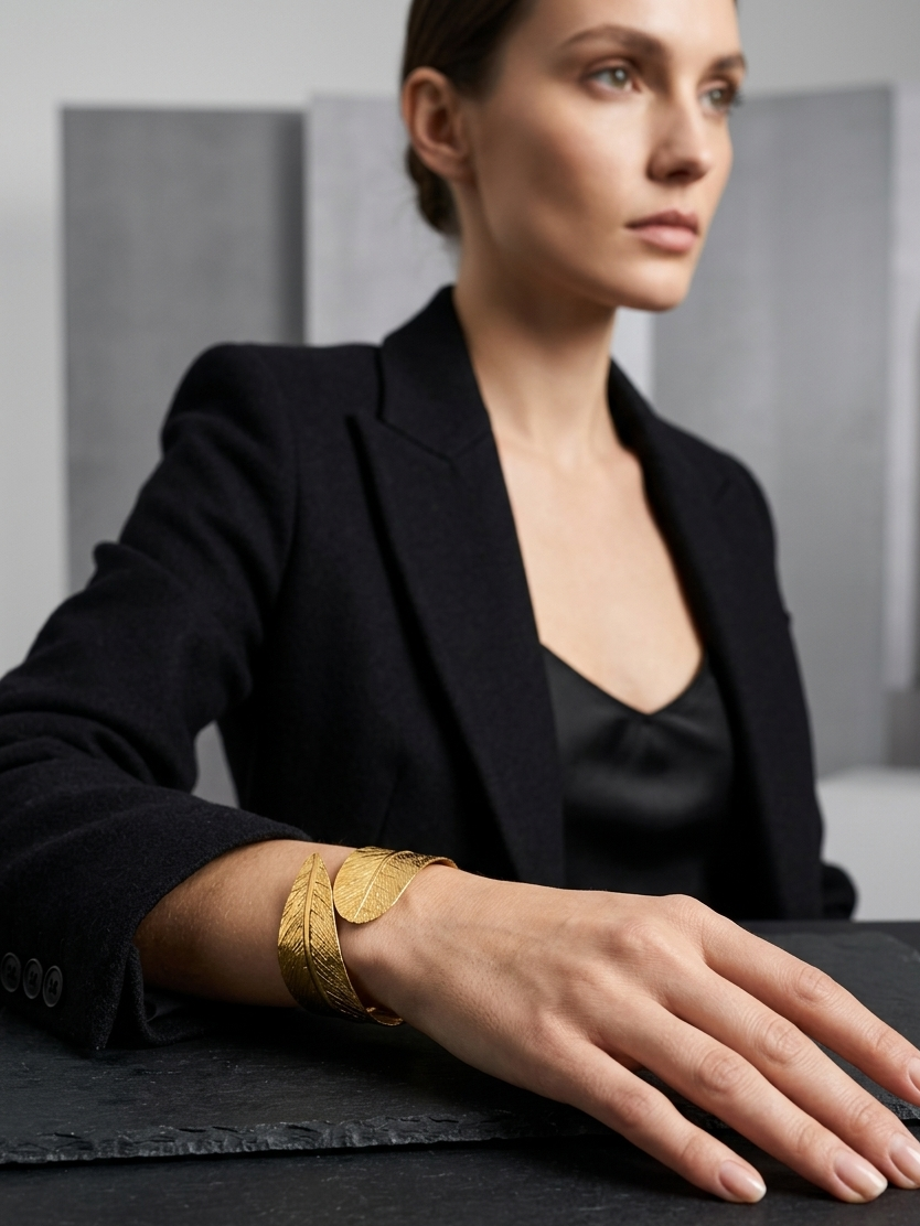 Elegant Leaf Wrap Full Gold Statement Cuff Bracelet