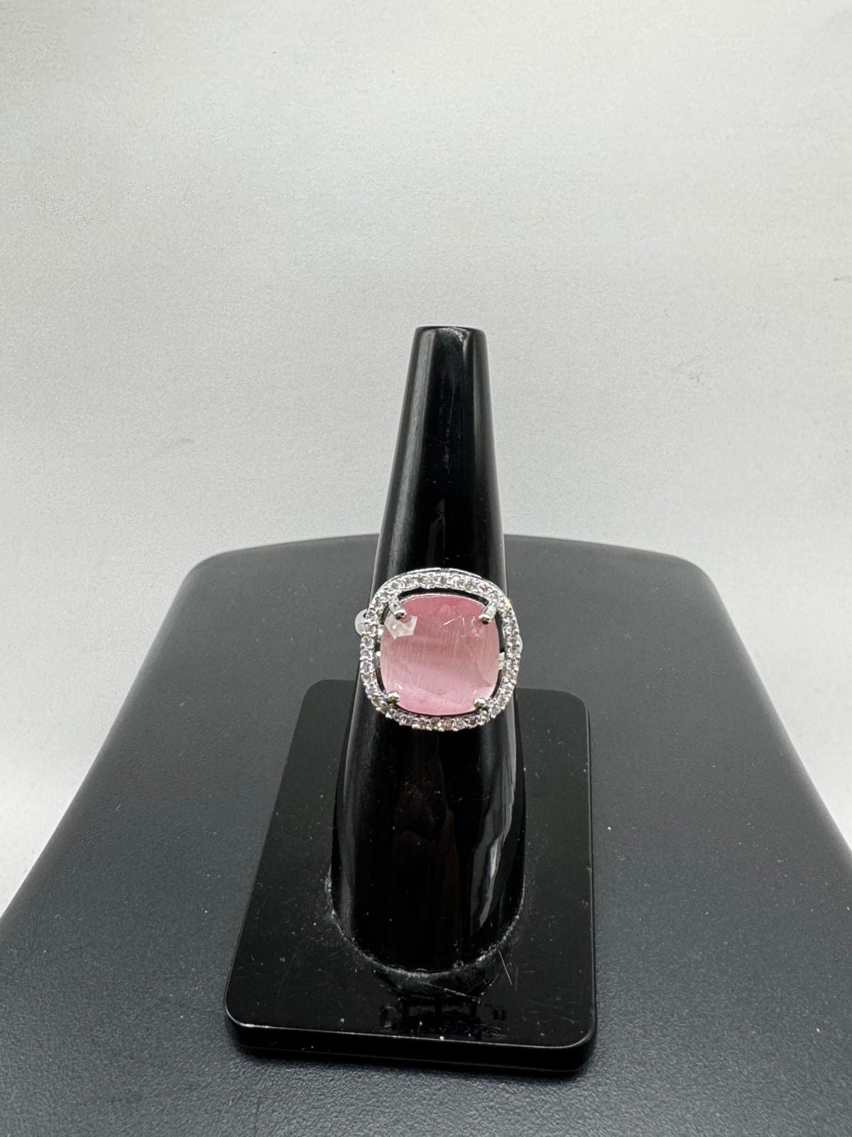 Blush Pink Cushion Cut Halo Ring – Silver Tone Statement Ring