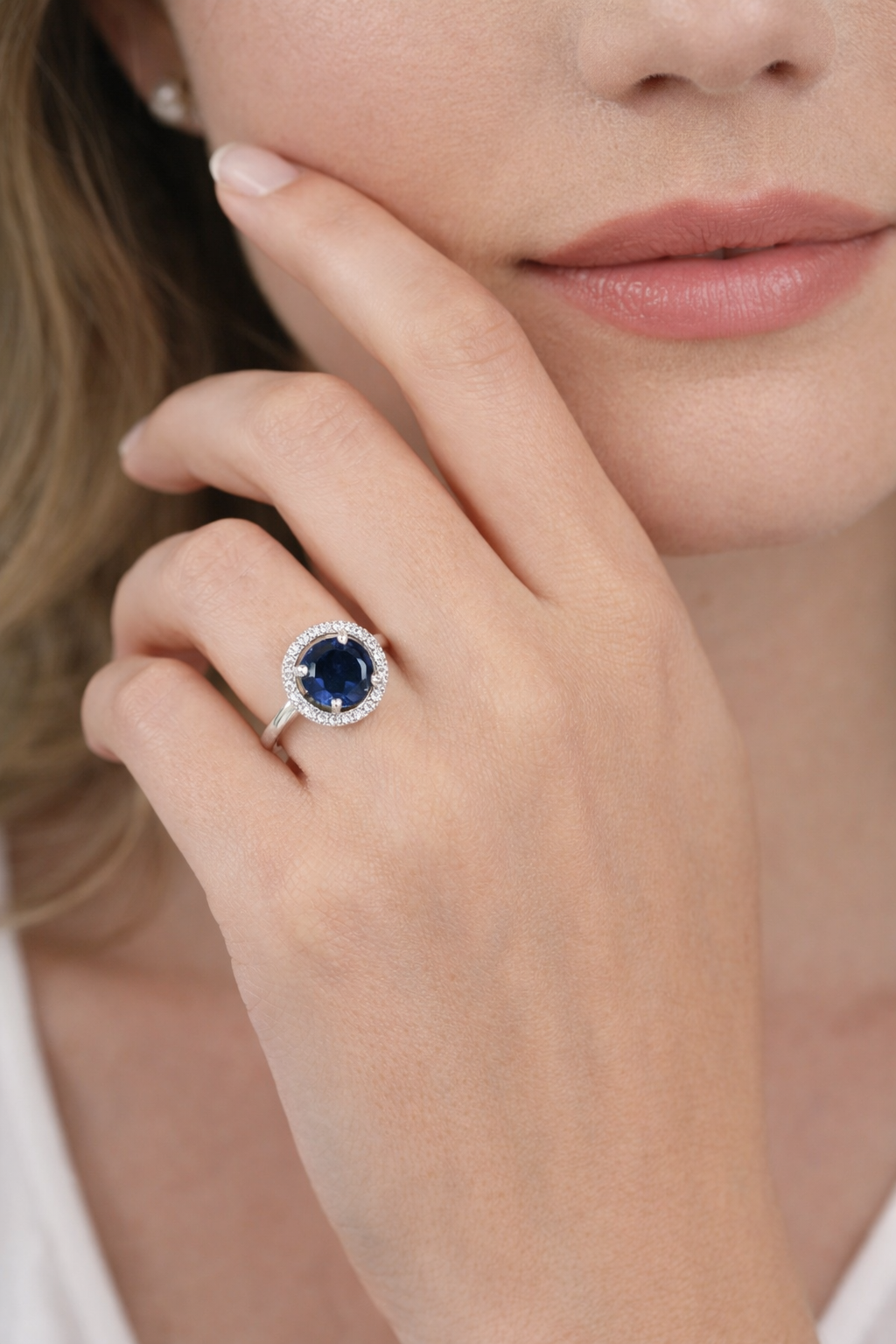 Royal Blue Sapphire Halo Ring – Elegant Silver Statement Ring for Women