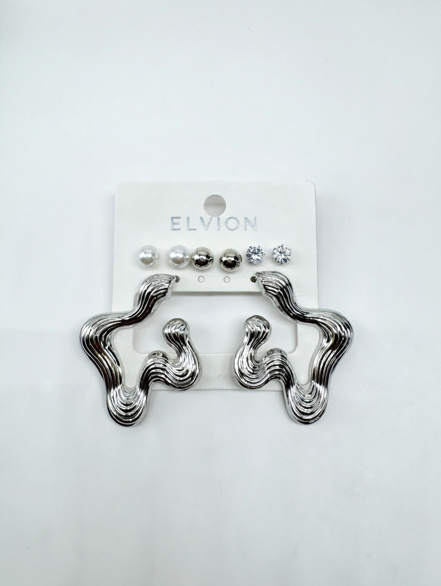 Silver Abstract Wave Earrings Set – Bold Statement Collection