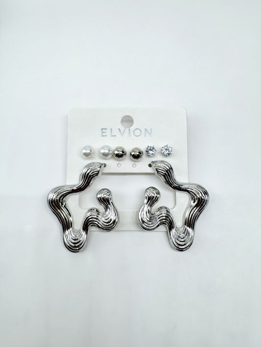 Silver Abstract Wave Earrings Set – Bold Statement Collection