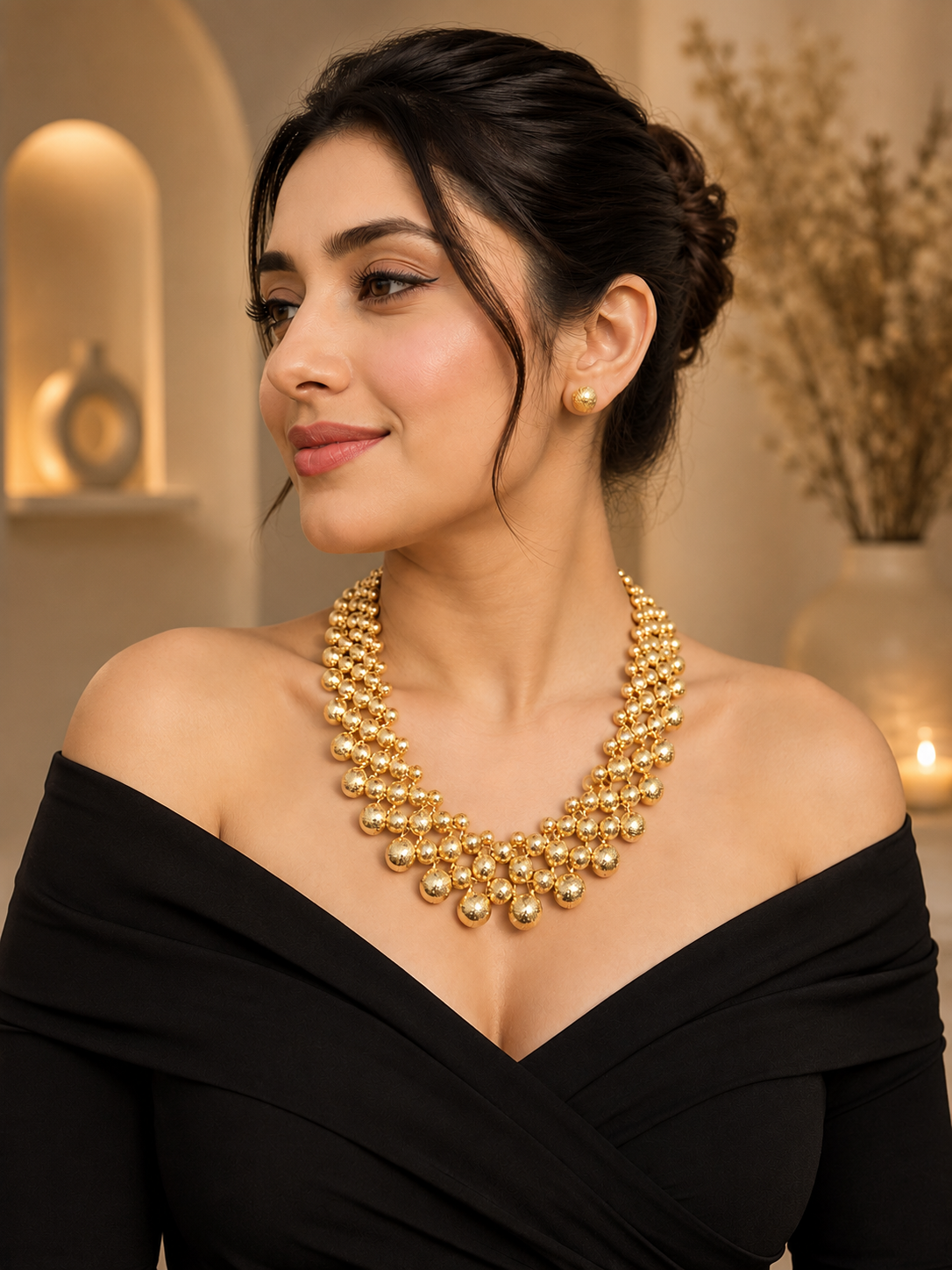 Golden Textured Bead Statement Necklace Set for Women | Anti-Tarnish Gold-Plated Necklace with Stud Earrings | Party & Wedding Jewelry