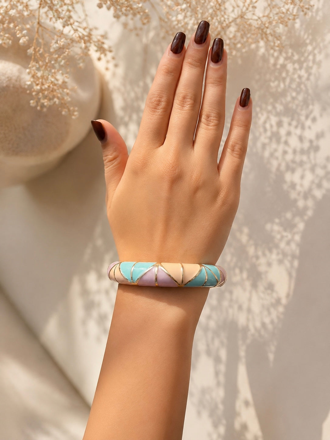 Pastel Geometric Enamel Bangle Bracelet for Women | Gold-Tone Statement Cuff | Elegant Everyday Fashion Jewelry