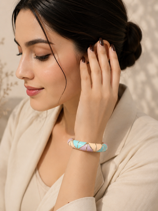 Pastel Geometric Enamel Bangle Bracelet for Women | Gold-Tone Statement Cuff | Elegant Everyday Fashion Jewelry
