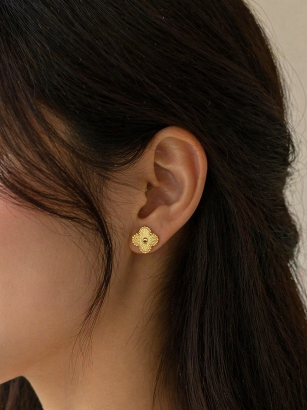 Delicate Floral Textured Gold Stud Earrings