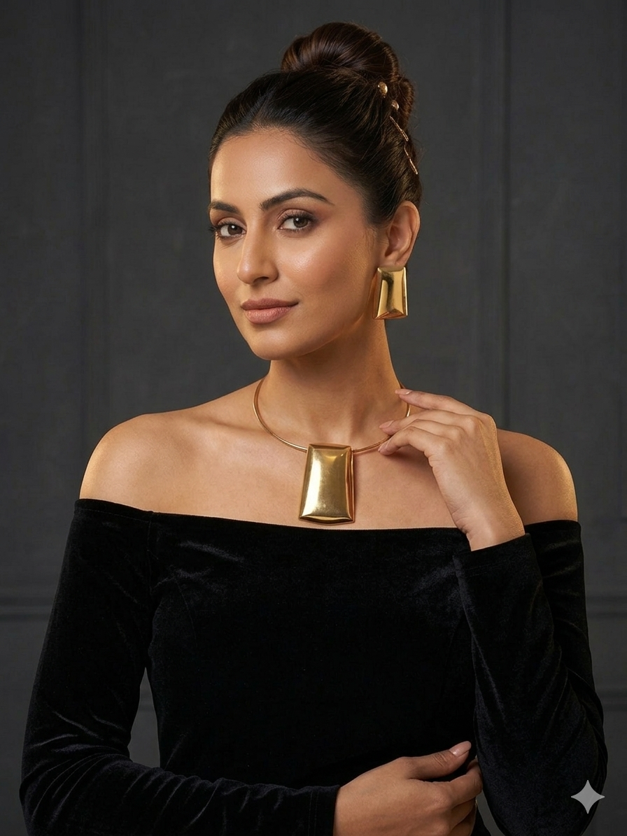 Modern Glossy Gold Geometric Pendant Necklace Set for Women