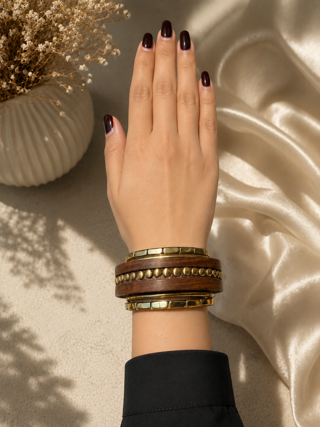 Elvion Artisan Wooden & Gold-Tone Kada Set | Boho Luxe Statement Stack Bracelet for Women